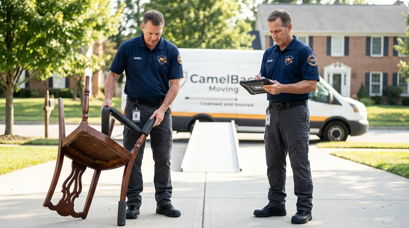 Movers inspecting furniture for damage prevention before loading in Surry, ME